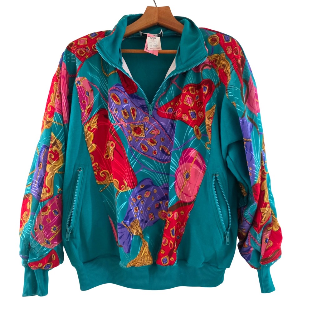 NWT vintage Clipper Bay Teal Abstract Print Quarter Zip Sweatshirt Rare Track‎